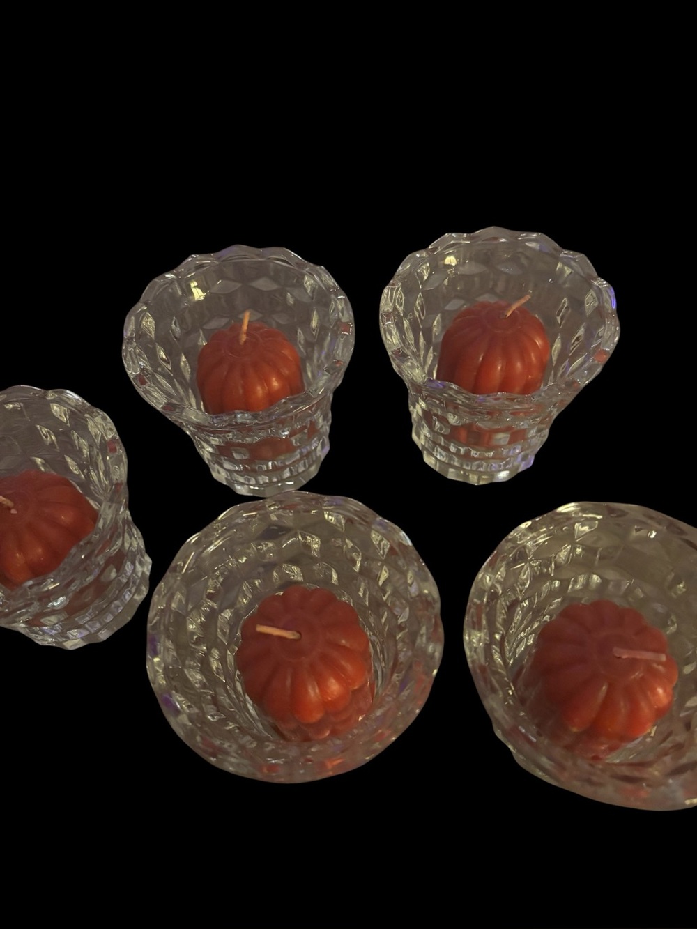 Set of 5 Lady Love Cut Glass Votive Holders with Maroon Candles HOME INTERIORS,